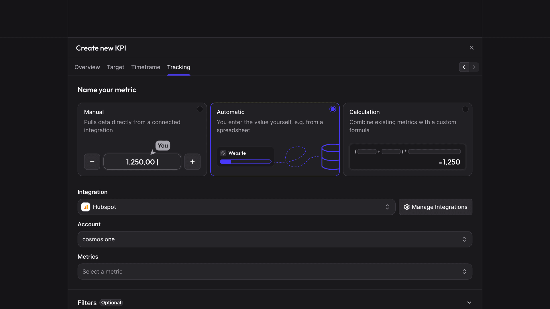 The Create new KPI dialog on its tracking step, offering manual, automatic and calculated tracking with HubSpot as the integration