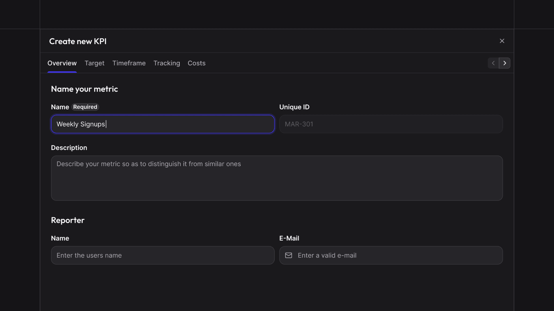 The Create new KPI dialog on its overview step, with name, unique ID, description and reporter