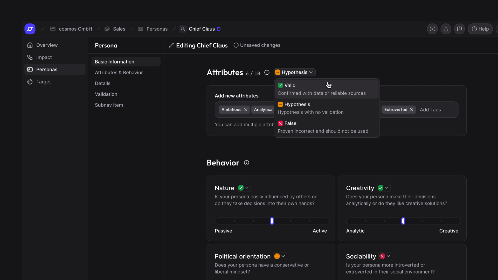 Persona attributes with the status dropdown open, offering Valid, Hypothesis and False