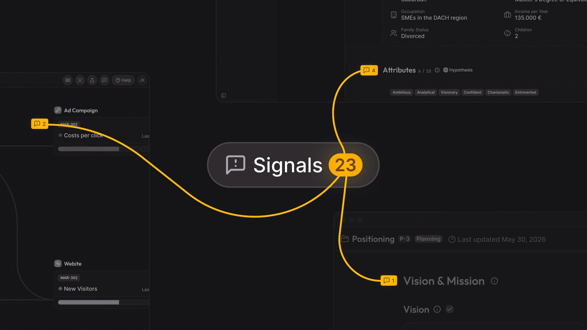 A signal badge connected to the places in a cosmos where its signals were captured