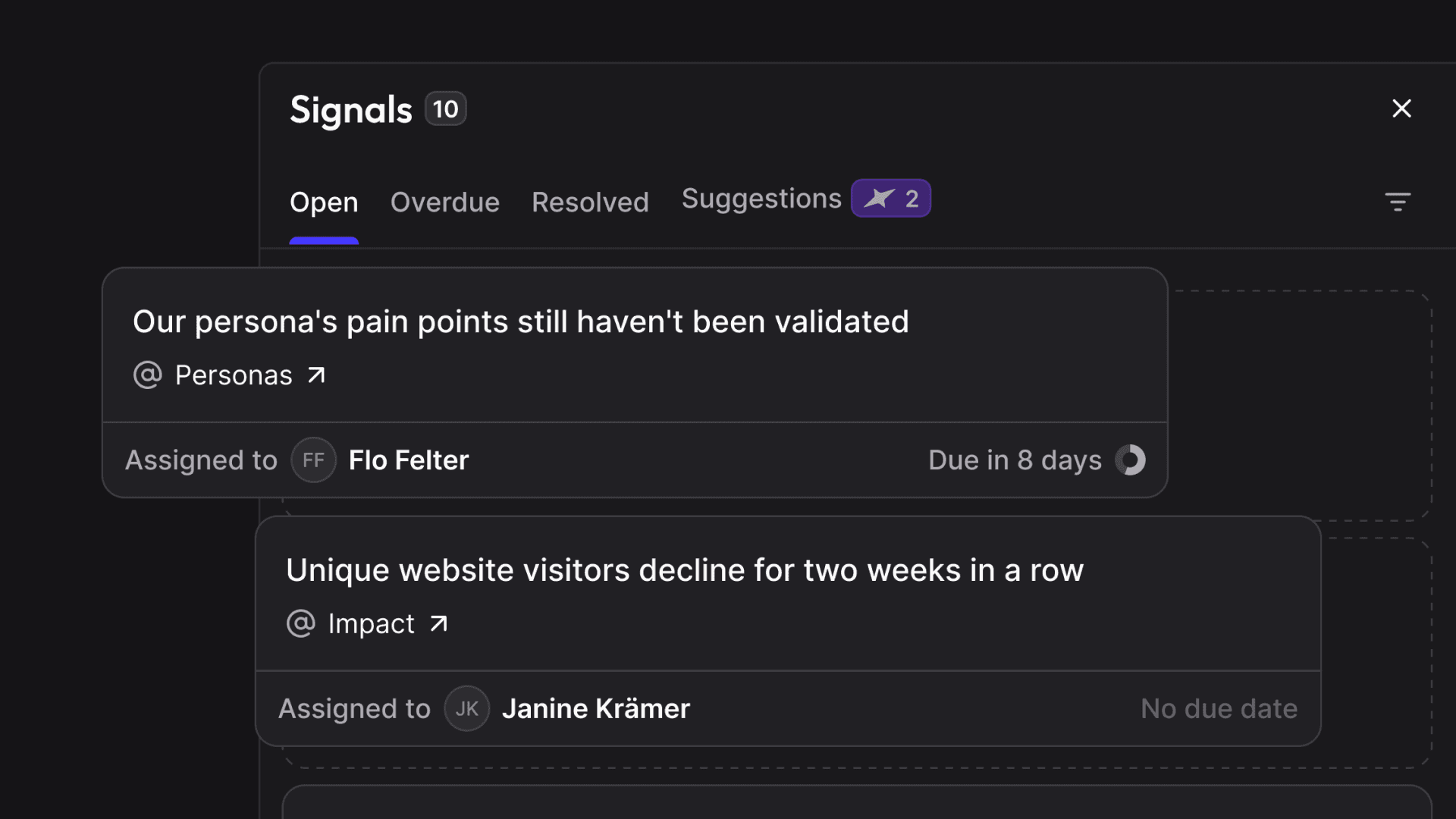 The signals feed with open signals, each showing its area, its assignee and its due date