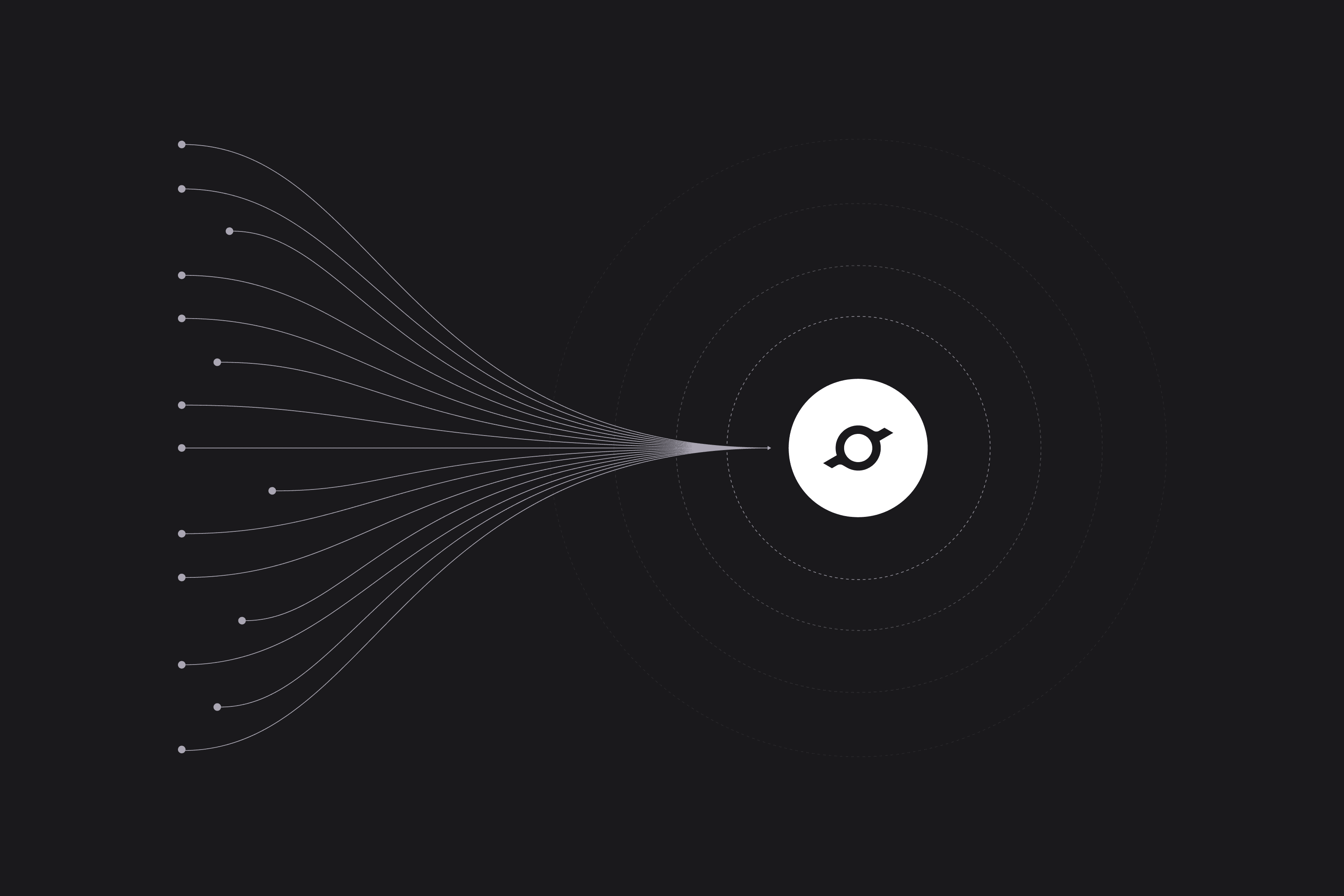 Many scattered lines converge into a single point that leads to the cosmos™ logo, surrounded by concentric circles.